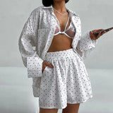 Fongt Women's 2024 New Fashion Cotton Love Print Long Sleeve Lapel Shirt Casual Shorts Set-Outfit