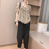 Sweet Polka Dot Printed Shirt Women's Elegant Square Collar Ruffles Spliced Loose Casual Puff Sleeve Drawstring Blouse-Outfit