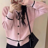 Spring Style Round Neck Soft Style Sweater Jacket Female Bow Tie Knitted Sweater Retro French Blouse-Outfit