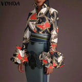 Autumn Women's Blouses Vintage Demin Shirts VONDA 2022 Fashion Pagoda Sleeve Tops Lapel Casual Loose Solid Blusas Femininas