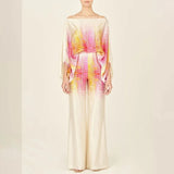 Fongt 2025 New Set Women's Printed Round-Neck Loose Bat Sleeves Wide Leg Trousers Fashion Set