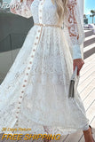 Women Turn Down Collar Long Dress Loose Button Patchwork Casual Solid Dress Elegant Lady Long Sleeve Lace Party