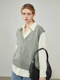 Women's Winter V-neck All-match Grey Sweater Vest Khaki Knitted Vest Pullovers Office Lady Green Retro Sweaters