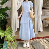 Fongt Blue Short-Sleeved Dress Women's Summer 2025 New Small Folding Thin Temperament Cake