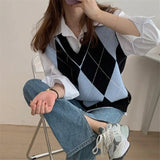 2022 New Sleeveless Oversized Knitted Checkered Vintage Lady Autunm Winter Women Sweater Pullover Vest Tops