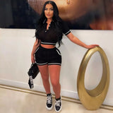 Fongt Hollow Knitted Two-Piece Collar Short-Sleeved Umbilled Blouse + High-Waisted Shorts Sports Leisure Set Spring New