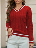 Fongt Women's Temperament V-Neck Long-Sleeved Sweater Fashion Jersey Thread White-Bordered Cuffs Knitted Top