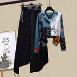 Ladies Elegant Two Pieces Set Korean Long Sleeve Print Chiffon Shirt And Irregular Patchwork Long Skirt