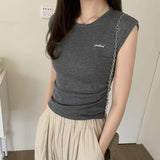 Sleeveless Knitted Embroidered Letter T-Shirt Women's Summer New Fold Waist Early Spring Dress Temperamental