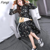 Sleeve Dress Women Floral-printed Chiffon Elegant Black Korean Style Leisure Slender Chic Student Streetwear Womens