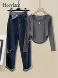 Women Two Pieces Sets Streetwear Harajuku Long Sleeve Square Collar Top And Hollow Out Vintage Denim Pants