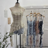 Fongt Lattice Splicing Lace Ribbon Ribbon Swing Tie Sling Sling Vest Irregular Lotus Leaf Side Hottie Top 8078