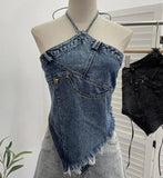 Fongt Summer Babes Hanging Neck Cowboy Corset Irregular Hairy Short Vest 8905