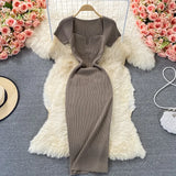 Fongt Thin Collar Knitted Dress Short Sleeve 2025 Summer New Temperament Sexy Hot Ass Long Skirt