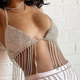 New Rhinestone Metal Texture Suspender Top Sexy Backless Tassel Bralette Nightclub Beach Crop Tops for