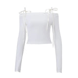 Fongt 2023 New Women's One-Line Shoulder Strap Sexy Crop Slim All-Match Long Sleeve