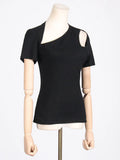 Fongt Spring Niche New Fashion Temperament Oblique Collar Head Hollow Design Sense Pure Color Short Women's T-Shirt-Outfit