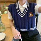 Kawaii Cute Bear Beige Sweater Vest Women Korean Preppy Style V-neck Blue Jumper Harajuku Sweet Crop Tops School