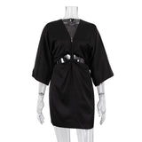 Fongt Wind 2024 Summer New White Satin Deep V-Neck Hollow Kink Seven Minute Sleeve Tight Dress-Outfit