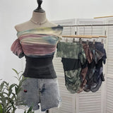 Fongt Shooting Can Wear Two-Wear Art Dizzy Net Yarn Spliced A Word Shoulder T-Shirt To Repair The Chest Short Babes Top 1131