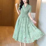 Elegant Commuter Mosaic Midi Pleated Dress Short Sleeve Lapel Elegant Dress Embroidered Mesh Splice Beaded Premium Dress-Outfit