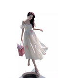 Fongt One-Word Shoulder-Sling Sling Dress Woman Gentle Wind Chopped Flower Bubble Sleeve Yarn Fairy Dress 1956