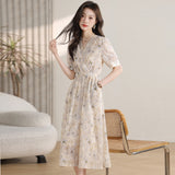 Fongt Wind Broken Flower Dress Women's Summer New Tea Break French High-Grade Feeling Thin V-Neck Long Dress