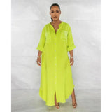 Fongt Summer Loose Solid Color Long Sleeve Single Breasted Half Open Collar Fringe Dress-Outfit