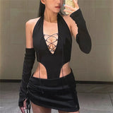 Fongt Summer New Sexy Back Hanging Neck Hollow Out Strap Suit Skirt