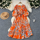Fongt Retro Fashion Print Dress Women Loose Strap To The Waist Thin A Word Big Pendulum Long Skirt