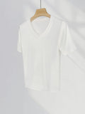 Fongt Grade Simple Classic High Gram Heavy Threaded Shoulder T-Shirt White V-Neck Short Sleeved Jacket Temperament Inside Match-Outfit