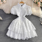 Fongt Summer Retro Temperament Elegant Collar Single Buckle White Lace Embroidery A Word Cake Dress