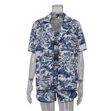 Fongt New Chinese Style Ink Print Shirt Sling Shorts Three-Piece Retro Fashion Suit Women's Wear-Outfit