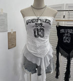 Fongt Shot With Anti-Slip Letter Print Chest Vest Tsets Lace Splicing Mesh Yarn Irregular Top 1233