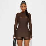 Fongt Women's Clothing Autumn 2025 New Solid Color Long-Sleeved Mesh Splicing Trousers Sling Dress Set