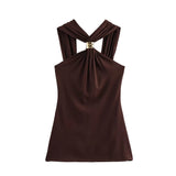 Fongt Women's Dress Women's Gold Trim Hanging Neck Knitting Top