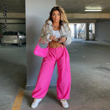 Pink Pants Cargo Pants Women Wide Leg Trousers Drawstring Hollow Out High Waist Sweatpants Solid Summer Y2k Vintage