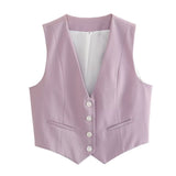 Fongt Women's Retro Solid Color Candy Color V-Neck Short Suit Vest / Horse Clip Cane