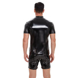Fongt Men's Mirror Leather Vest Bright Leather Short Sleeve Round Collar Vest No Odor Size Accurate-Outfit