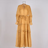 Fongt Temperament Dress 2025 New V-Neck Lantern Sleeves Folded Long Silk Dress Dress