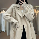 Solid Color Midi Knitted Cardigan Korean Lapel Women's Clothing Pockets Spliced Autumn Winter Drawstring Sashes Sweaters-Outfit