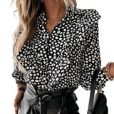 V Neck Ruffle Dot Print Long Sleeve Blouse Office Pullover Office