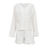 Fongt Women's Summer New Set Beige Long Sleeve Loose Casual Shirt High Waist Shorts Two-Piece Set-Outfit