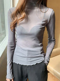 2024 Spring Summer Women's Sexy See Through Mesh Blouse Long Sleeve Transparent Turtleneck Shirt Fashion Women Tops-Outfit