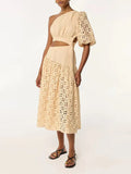 Fongt Dress Women 2025 Summer New Temperament Elegant Slanted Sloping Embroidery Open Fork Senior Sense Dress