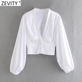 Women V Neck Black White Color Short Smock Blouse Female Lantern Sleeve Slim Court Shirts Chic Pearl Buttons Tops
