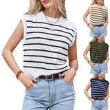 Fongt Spring And Summer Women Sleeveless Vest Round Neck Striped Knit Jumper Casual Women's