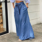 Loose High Waist Trousers VONDA Women 2022 Spring Solid Wide Leg Pants Casual Female Denim Pants Vintage Pockets Pantalon