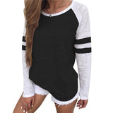 Fongt Fashion New Summer Hit-Colored Stripe Splicing Long-Sleeved T-Shirt Round Collar Top Lady