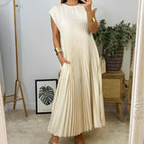Fongt New Fall 2023 Solid Color Round Collar Sleeveless Pleated Design Loose Dress-Outfit